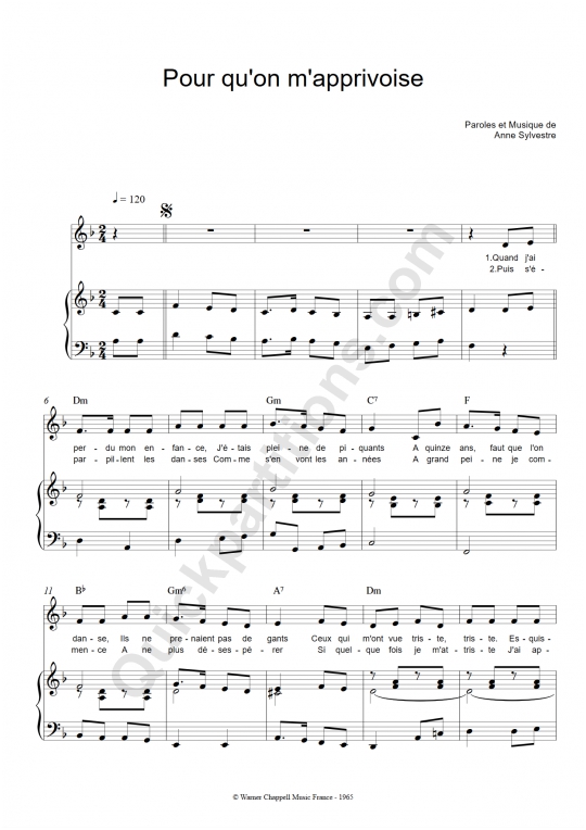 Partition piano Pour qu'on m'apprivoise - Anne Sylvestre