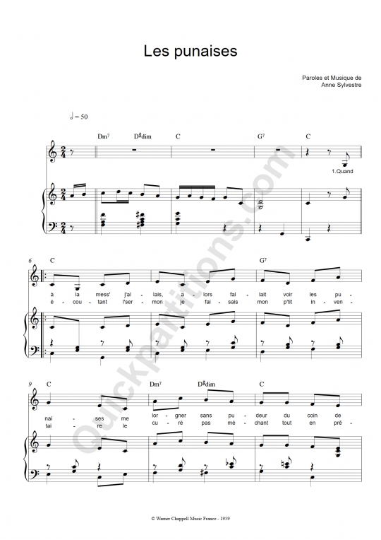 Les punaises Piano Sheet Music - Anne Sylvestre