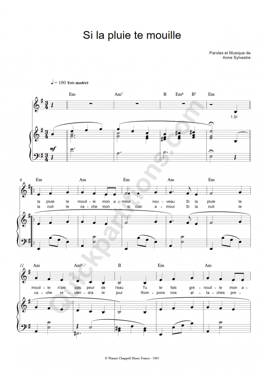 Si la pluie te mouille Piano Sheet Music - Anne Sylvestre