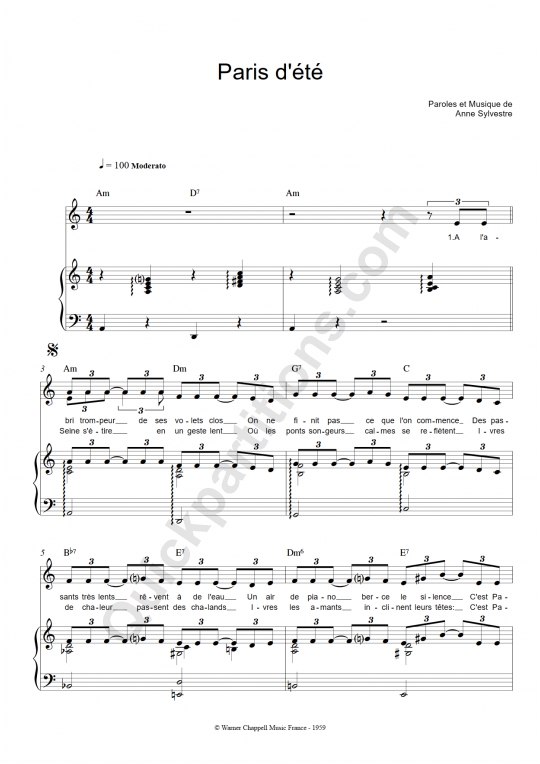 Partition piano Paris d'été - Anne Sylvestre