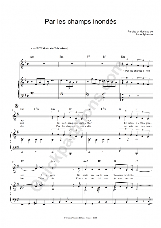 Par les champs inondés Piano Sheet Music - Anne Sylvestre
