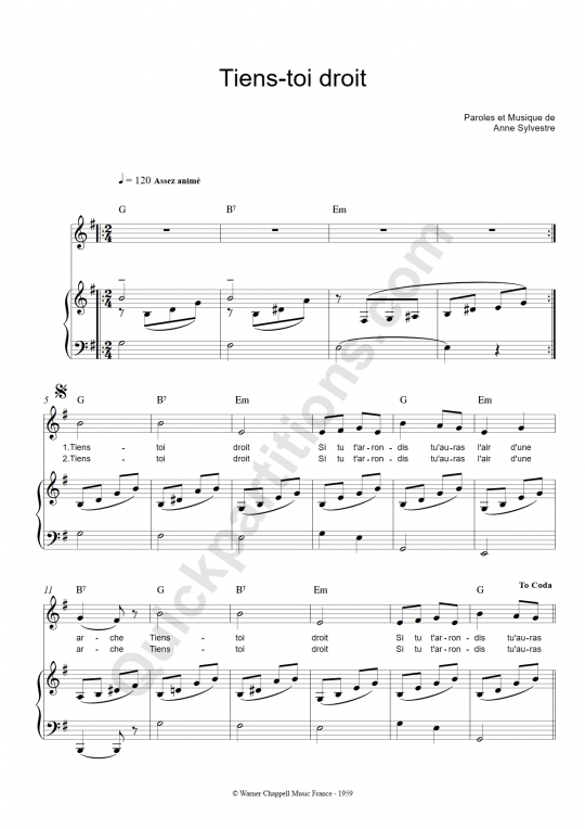 Tiens-toi droit Piano Sheet Music - Anne Sylvestre
