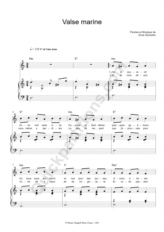Valse marine Piano Sheet Music - Anne Sylvestre