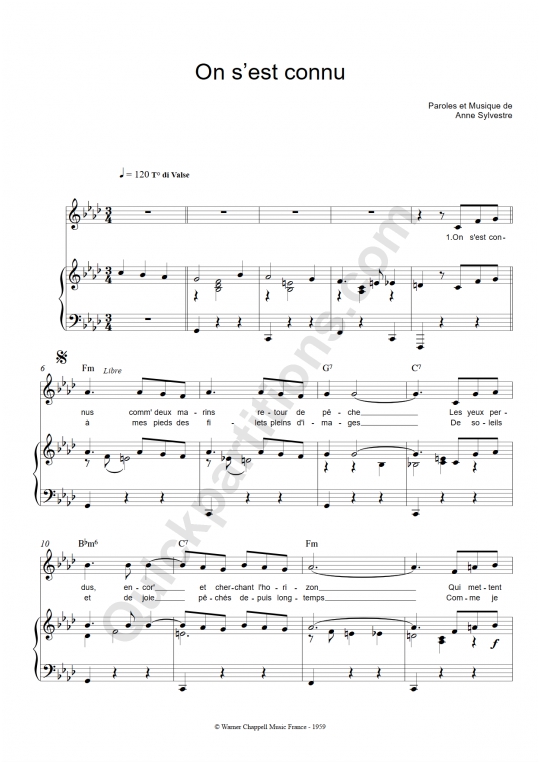 On s'est connu Piano Sheet Music - Anne Sylvestre