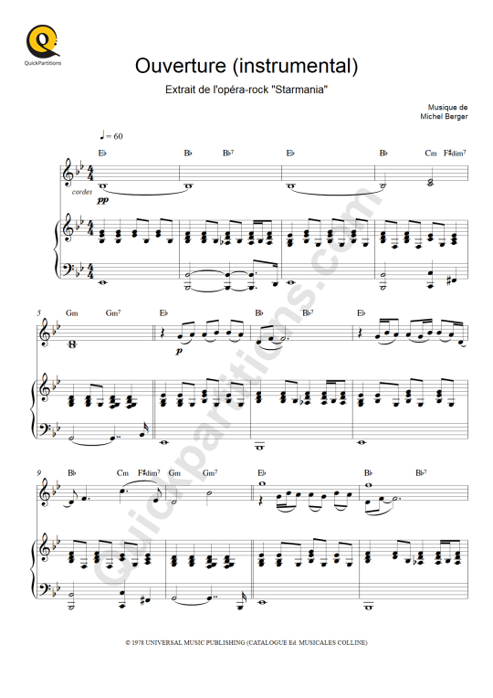Partition piano et instrument soliste Ouverture - Starmania