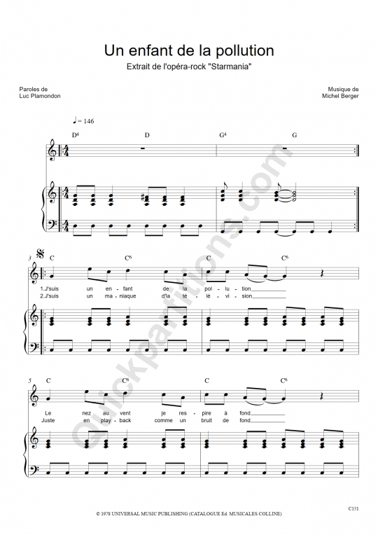 Un enfant de la pollution Piano Sheet Music - Starmania
