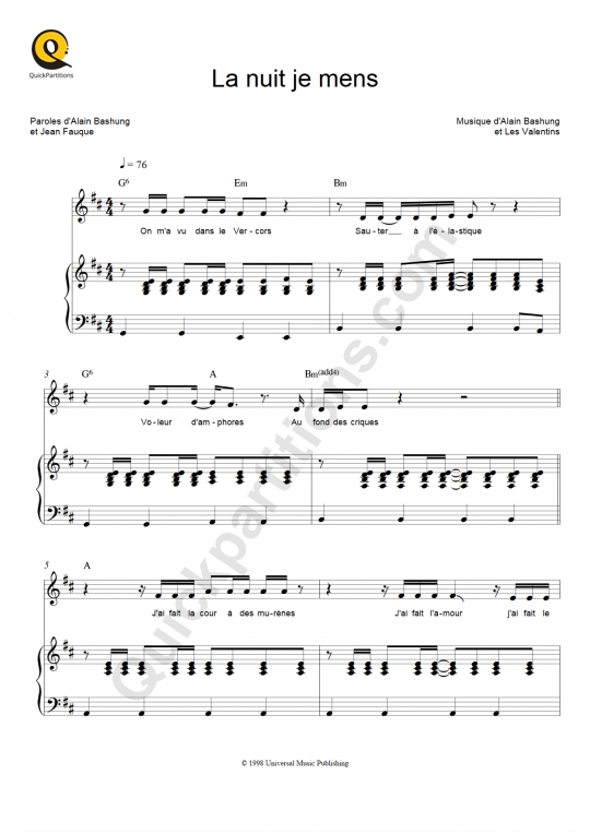 Partition piano La nuit je mens de Alain Bashung
