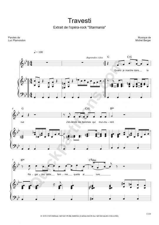 Travesti Piano Sheet Music - Starmania