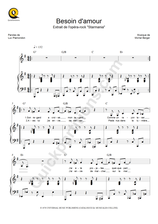 Besoin d'amour Piano Sheet Music - Starmania