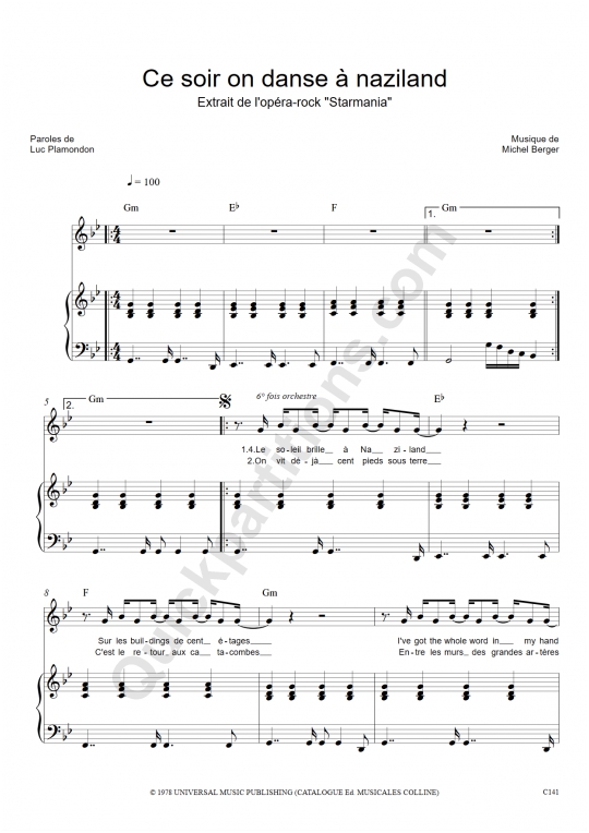 Ce soir on danse à naziland Piano Sheet Music - Starmania