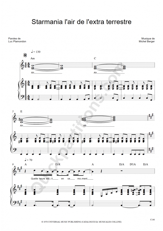 Starmania l'air de l'extra terrestre Piano Sheet Music - Starmania