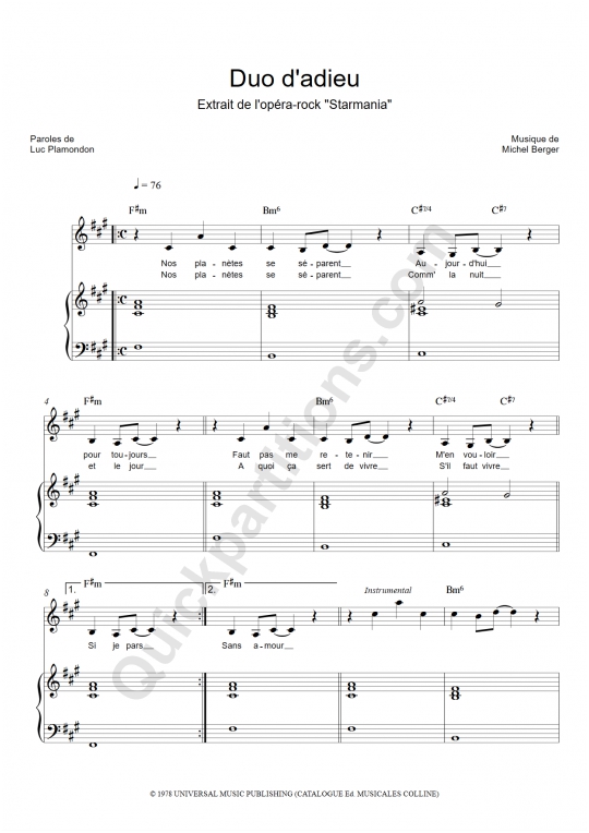 Duo d'adieu Piano Sheet Music - Starmania