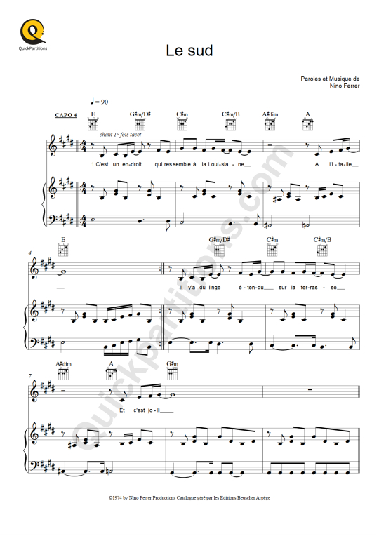 Le Sud Piano Sheet Music - Nino Ferrer