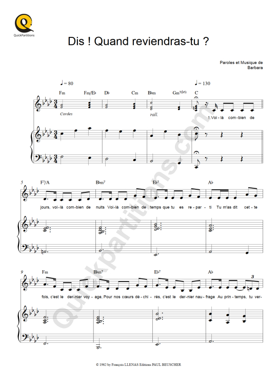 Partition piano Dis ! Quand reviendras-tu ? - Barbara