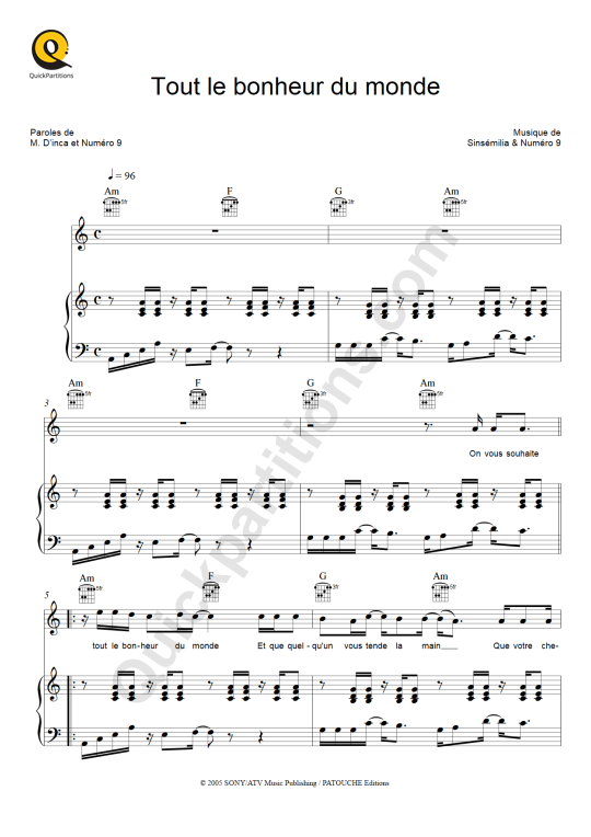 Tout le bonheur du monde Piano Sheet Music - Sinsemilia