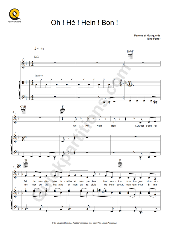 Oh ! Hé ! Hein ! Bon ! Piano Sheet Music - Nino Ferrer