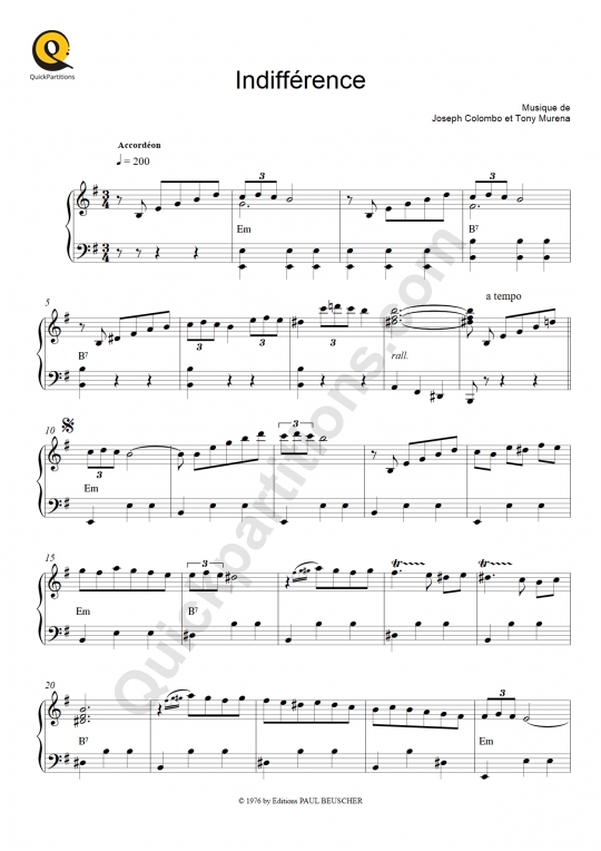 Partition accordéon Indifférence - Tony Murena