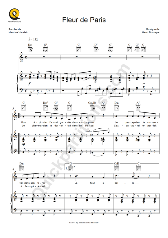 Partition piano Fleur de Paris (Flower Of Paris) - Maurice Chevalier