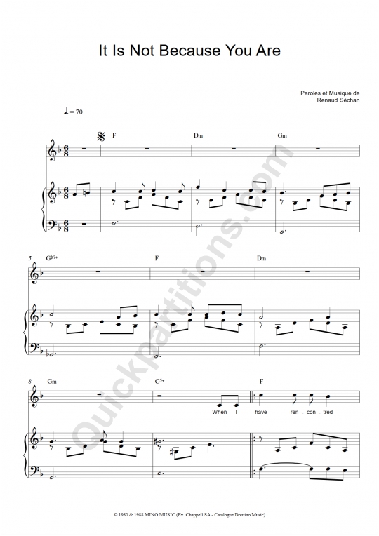 Partition piano It Is Not Because You Are - Renaud