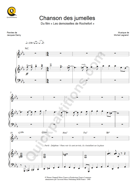 Partition piano Chanson des jumelles - Michel Legrand