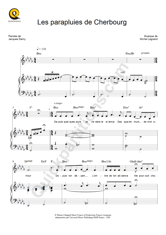 Partition piano Les parapluies de Cherbourg - Michel Legrand