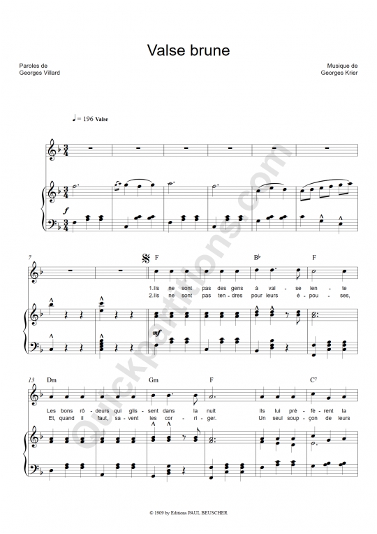 Partition piano Valse brune - Lucienne Delyle