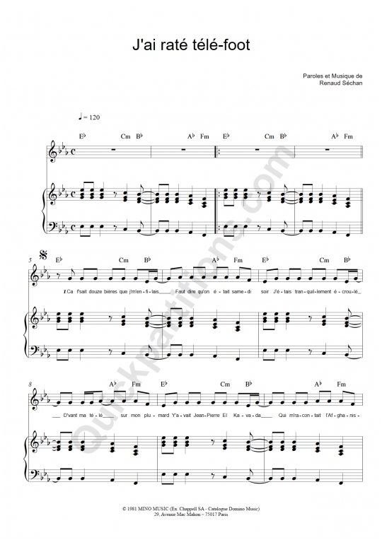 Partition piano J'ai raté télé foot - Renaud