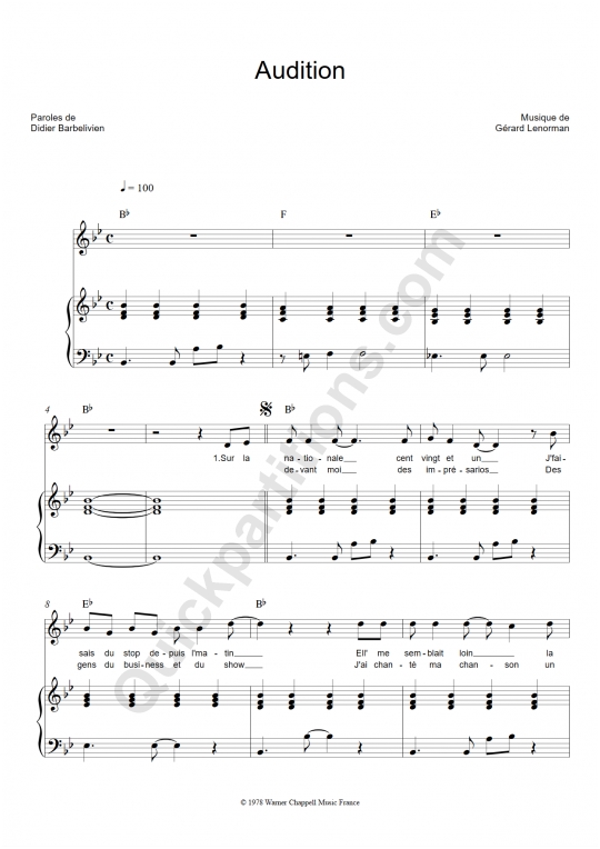 Audition Piano Sheet Music - Gérard Lenorman
