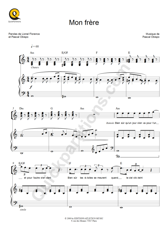 Partition piano Mon frère - Les Dix Commandements