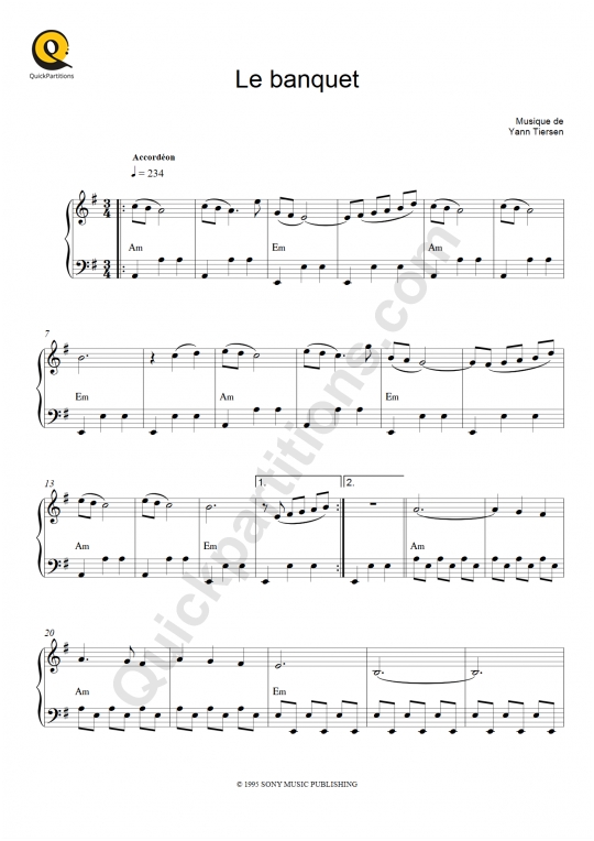 Le banquet Accordion Sheet Music - Le fabuleux destin d'Amélie Poulain