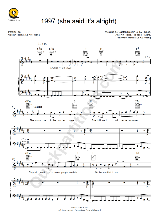 1997 She Said It's Alright Piano Sheet Music - Pony Pony Run Run