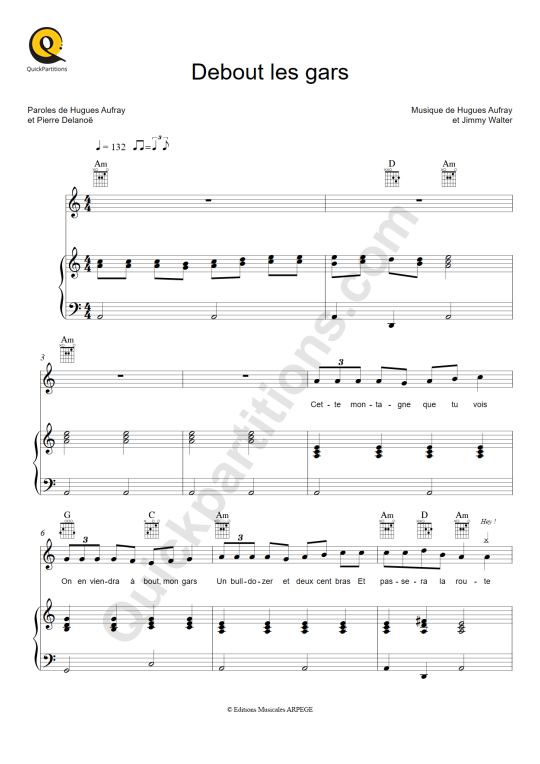 Partition piano Debout les gars - Hugues Aufray