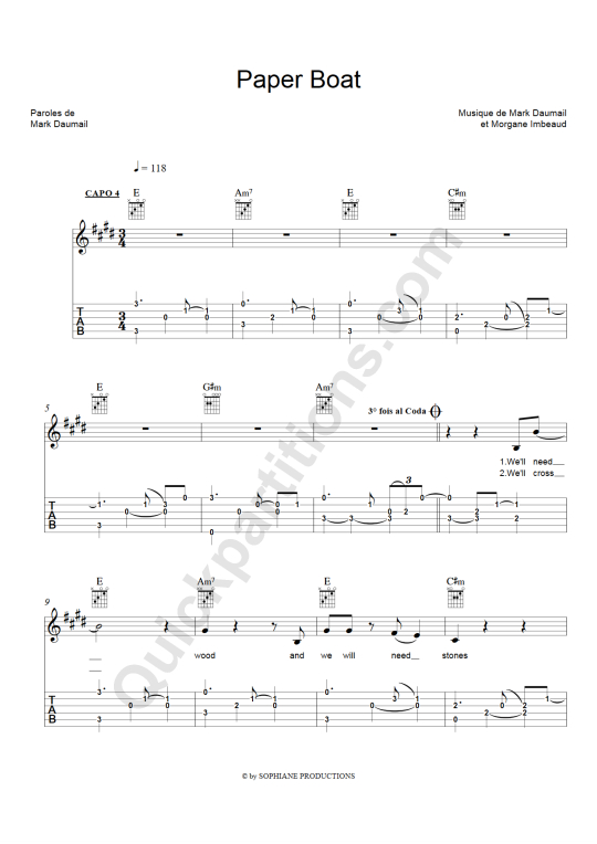 Tablature Guitare Paper Boat - Cocoon