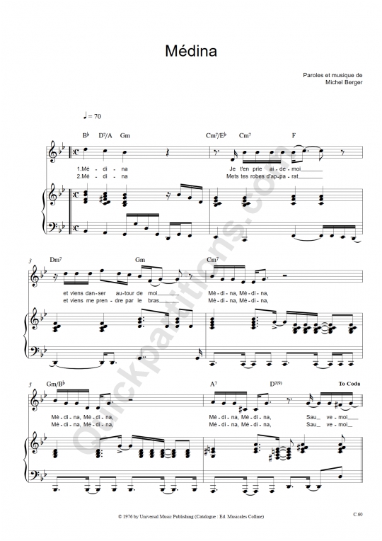 Partition piano Médina - Michel Berger