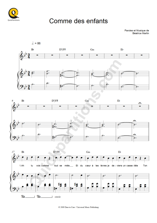 Partition piano Comme des enfants - Coeur de pirate