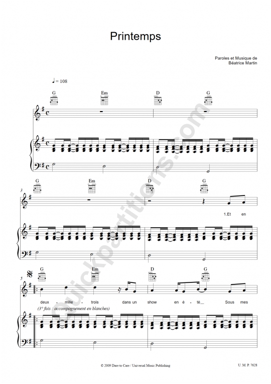 Partition piano Printemps - Coeur de pirate