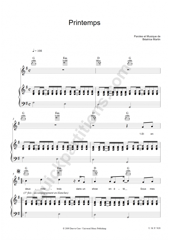 Partition piano Printemps - Coeur de pirate (Partition Digitale)
