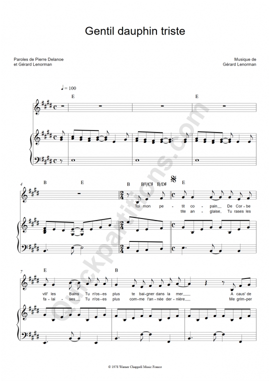 Gentil dauphin triste Piano Sheet Music - Gérard Lenorman