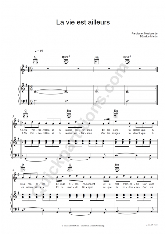 La vie est ailleurs Piano Sheet Music from Coeur de pirate