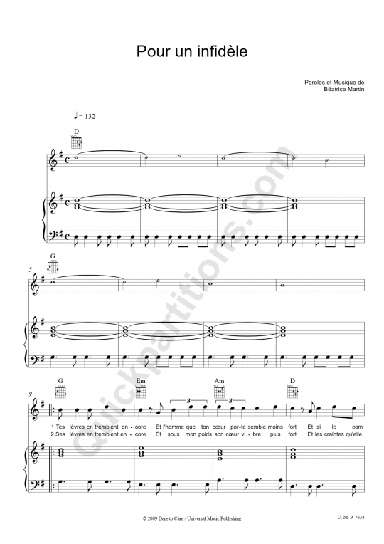 Partition piano Pour un infidèle - Coeur de pirate