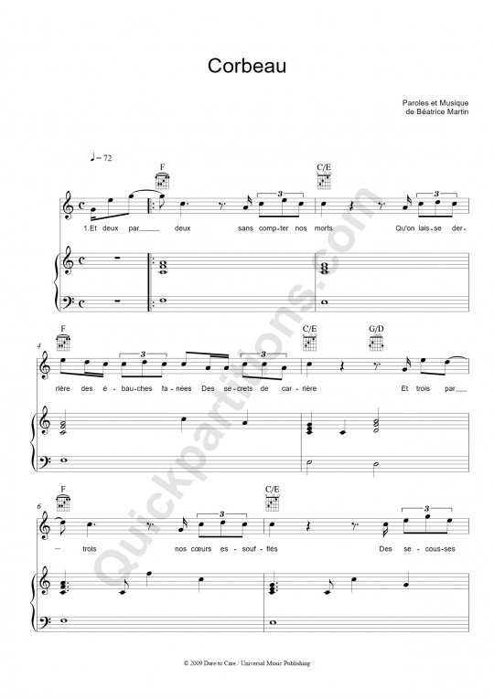 Corbeau Piano Sheet Music - Coeur de pirate