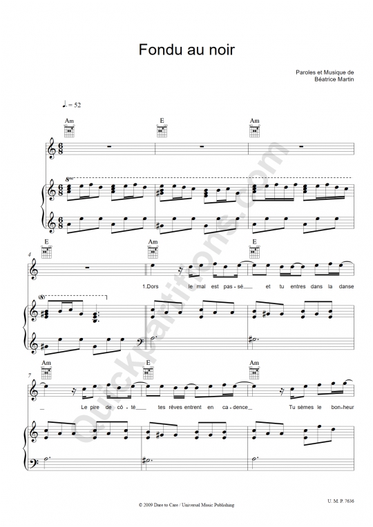 Fondu au noir Piano Sheet Music - Coeur de pirate