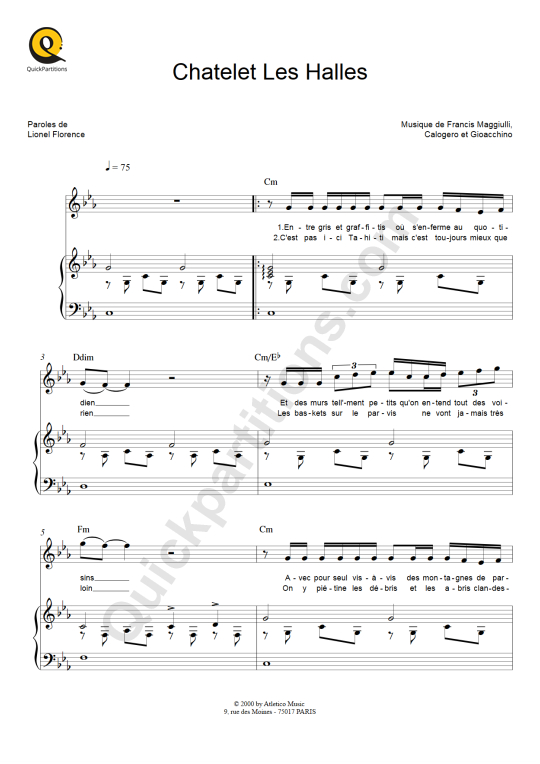 Chatelet Les Halles Piano Sheet Music - Florent Pagny