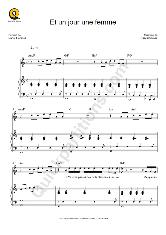 Et un jour une femme Piano Sheet Music - Florent Pagny