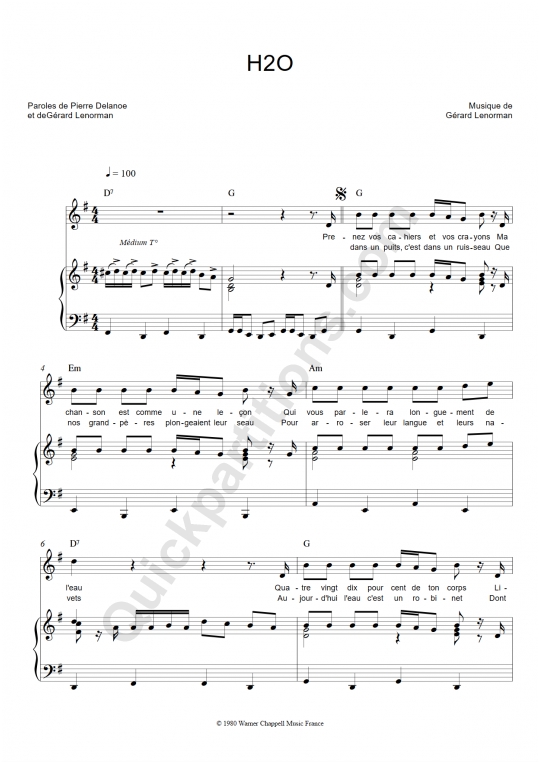 H2O Piano Sheet Music - Gérard Lenorman