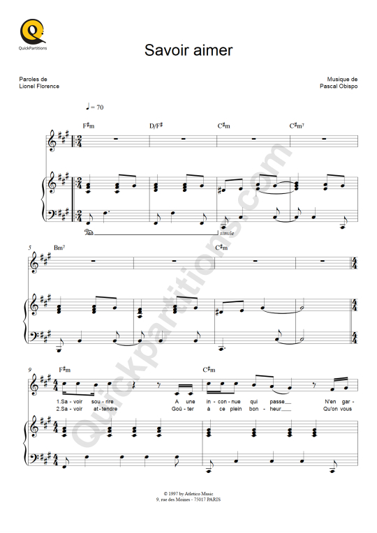 Partition piano Savoir aimer - Florent Pagny