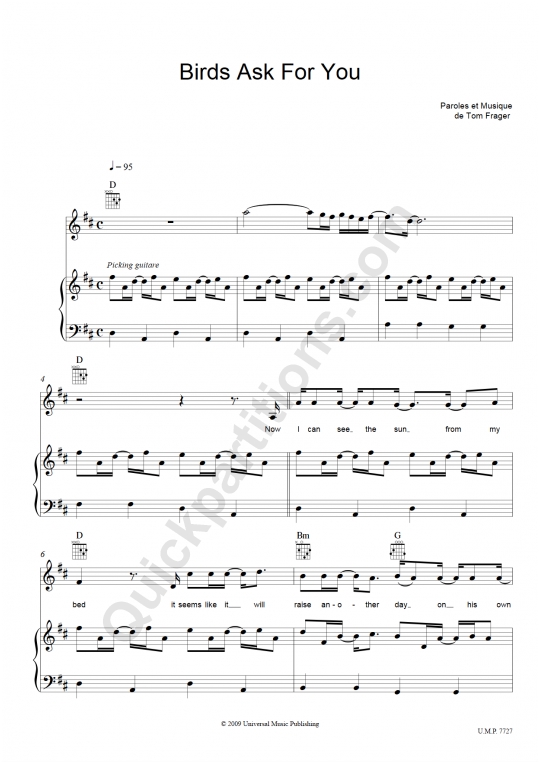 Partition piano Birds Ask For You - Tom Frager