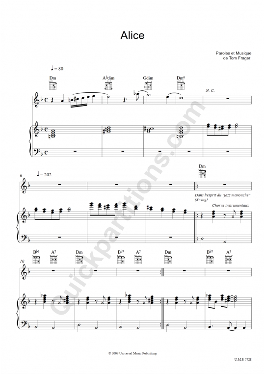 Alice Piano Sheet Music - Tom Frager