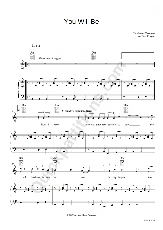 Partition piano You Will Be - Tom Frager