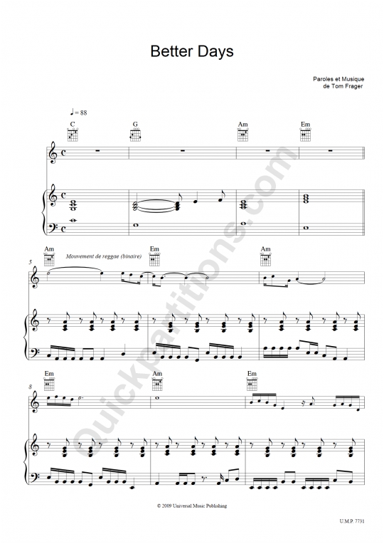 Better Days Piano Sheet Music - Tom Frager